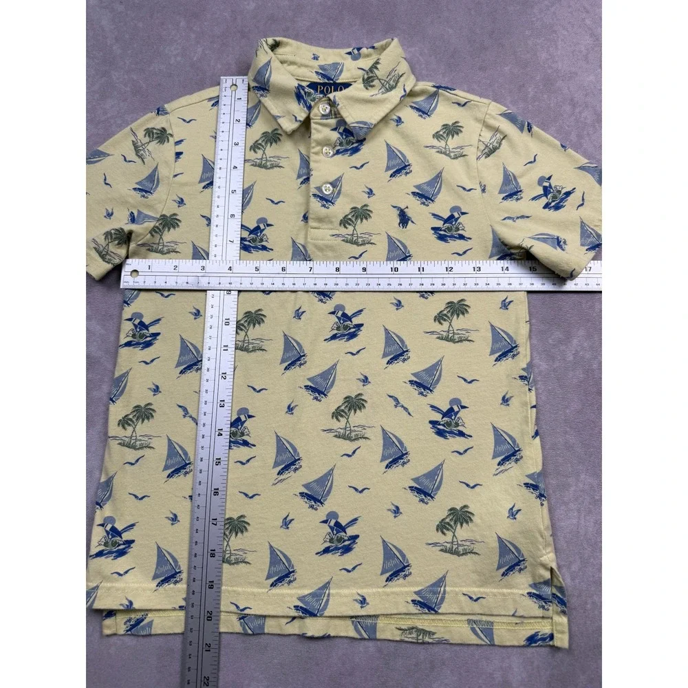 Polo Ralph Lauren Kids Yellow Nautical Sailboat Palm Tree Polo Shirt Size S 8